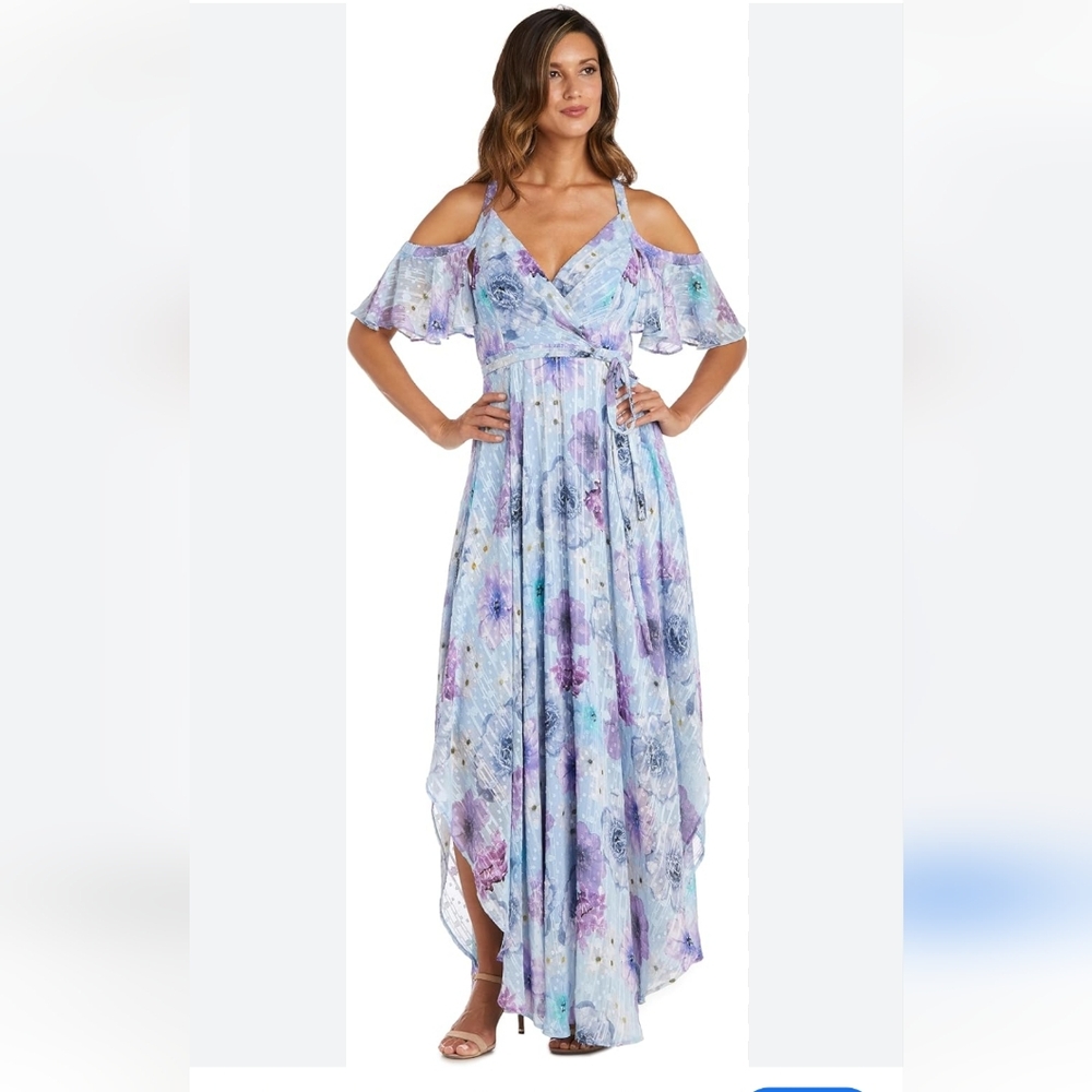 NW Nightway Womens Blue Full Length Cold Shoulder Maxi Dress NWT sz 4